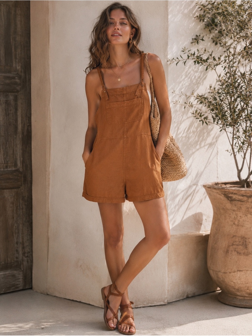 OLD NAVY Linen Blend Romper Brown Overall Style Shortalls